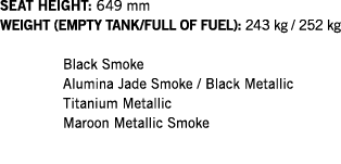 SEAT HEIGHT: 649 mm WEIGHT (EMPTY TANK FULL OF FUEL): 243 kg   252 kg  Black Smoke Alumina Jade Smoke   Black Metalli   